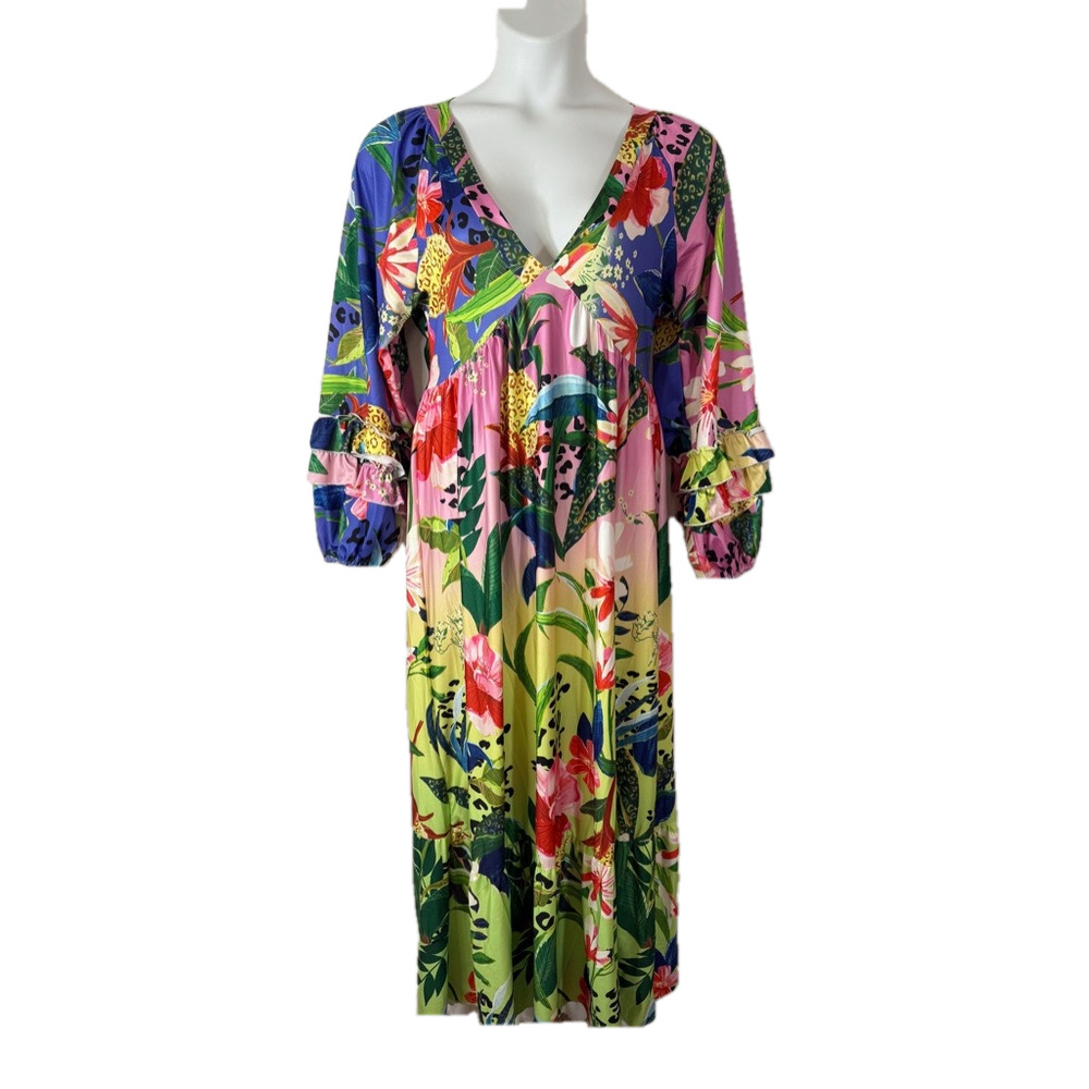 Unbranded Vibrant Floral Long Lantern Sleeve Maxi Dress Size L NWOT SKU0085